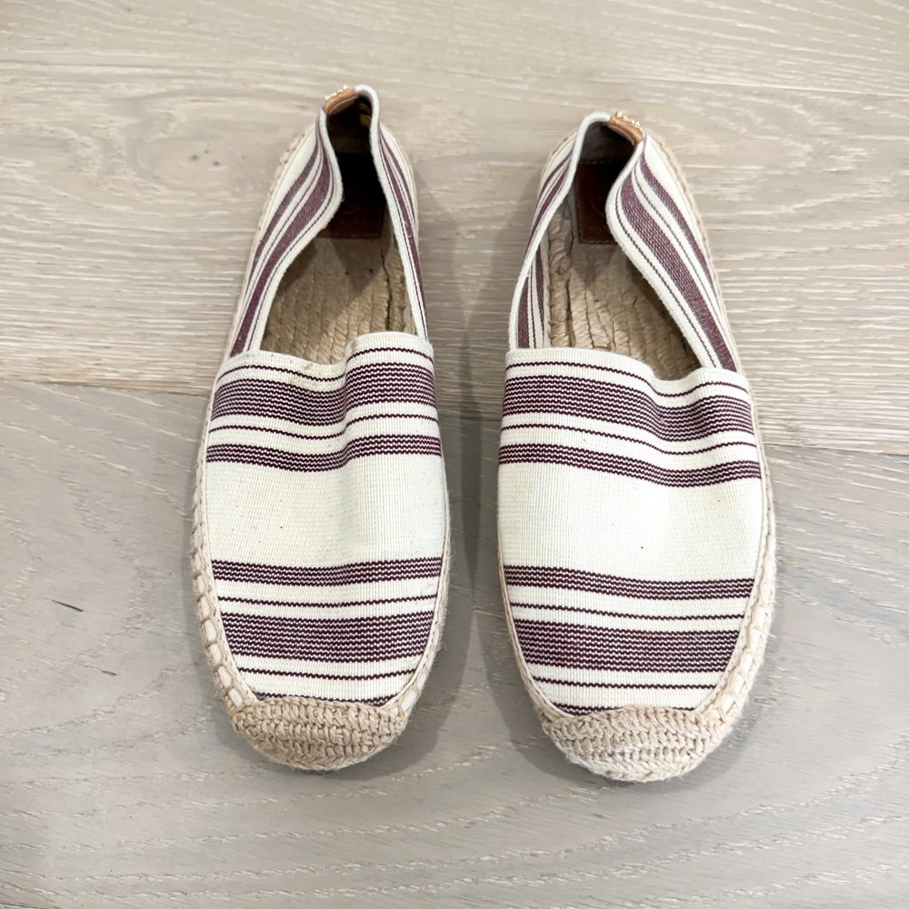 Tory Burch Awning Nautical Boho Stripe Maroon Espadrilles Shoes Slip On 10 - Picture 2 of 8